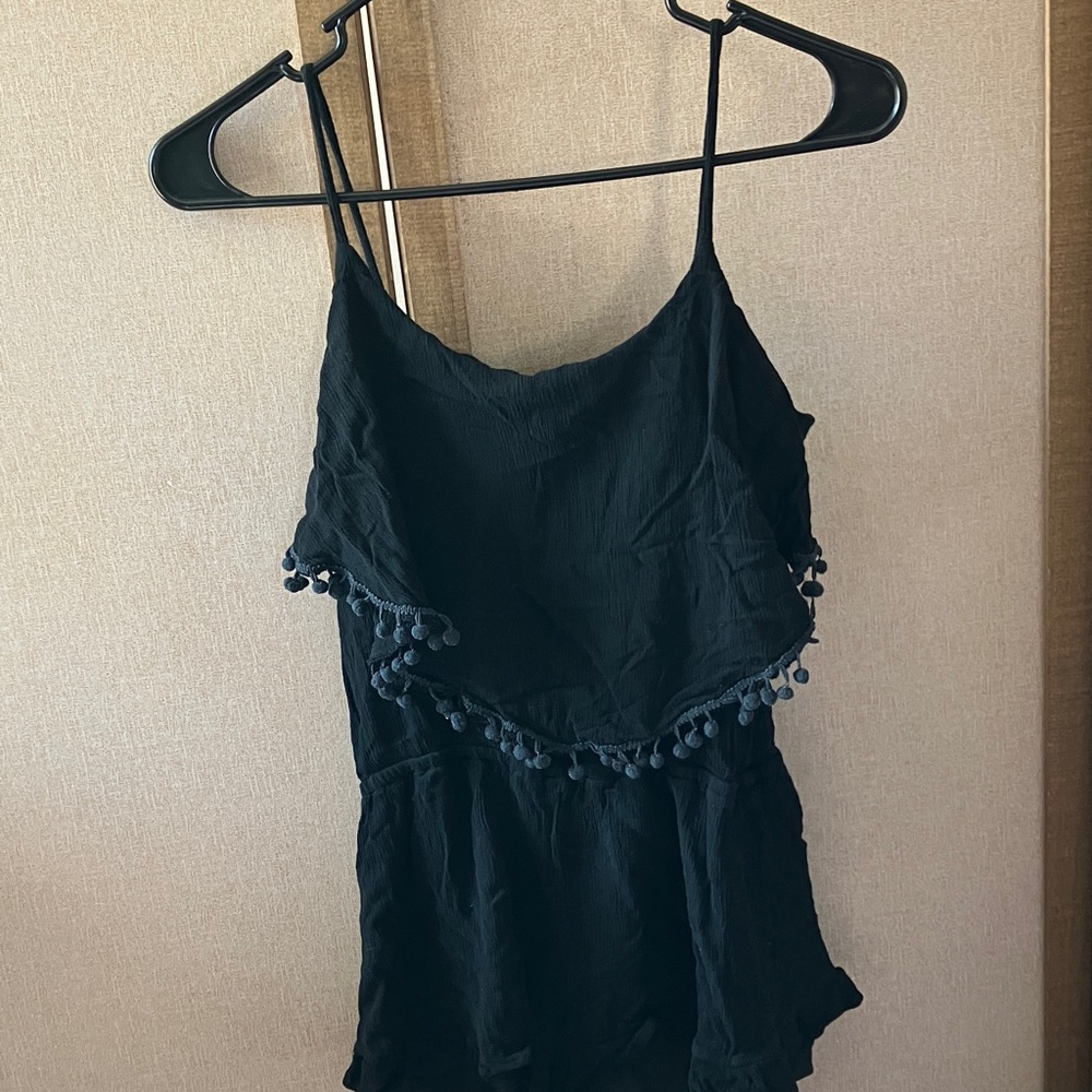FINAL MARKDOWN Black Pom-Pom Trim Spaghetti Strap romper medium